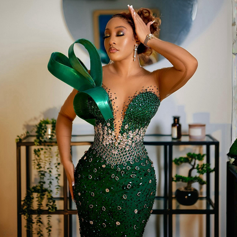 Green Urious Emerald Aso Ebi Evening Dresses Mermaid Long Sleeves Rehie Beaded Prom Dress African Arabic Birthday Party Gowns Second Reception Gown