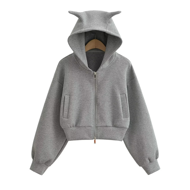 Small Fresh Fashion Hooded Little Devil Hoodie Autumn and Winter New Solid Color Short Zip Cardigan Women