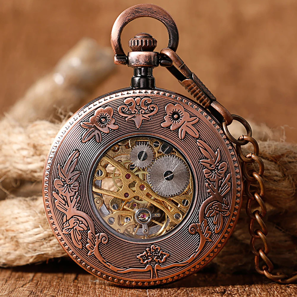 Pocket Watches Steampunk Archaize Antique Copper Skeleton Carving Mechanical Hand Wind Pocket Watch for Men Women Gift With 30 cm Chain 231207