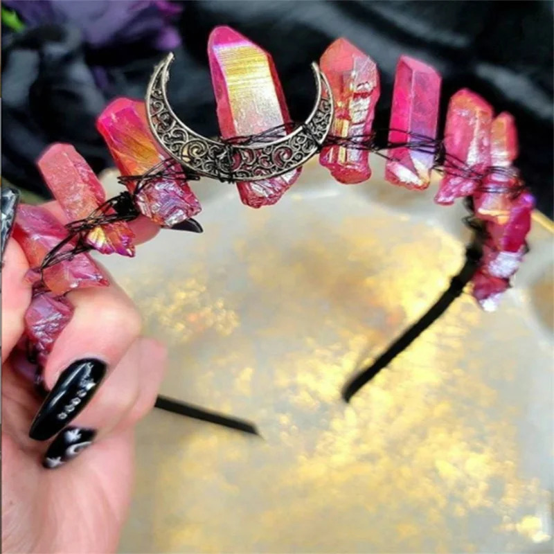 Headbands Raw Crystal Crown Headband Tiara Bride Wedding Halloween Costume Witch Cosplay for Women Girl 231207