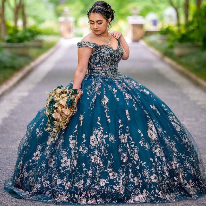 Blackish Green Ball Gown Off the Shoulder Quinceanera Dresses Lace Appliques Corset Back Vestidos De 15 Anos Formal Birthday