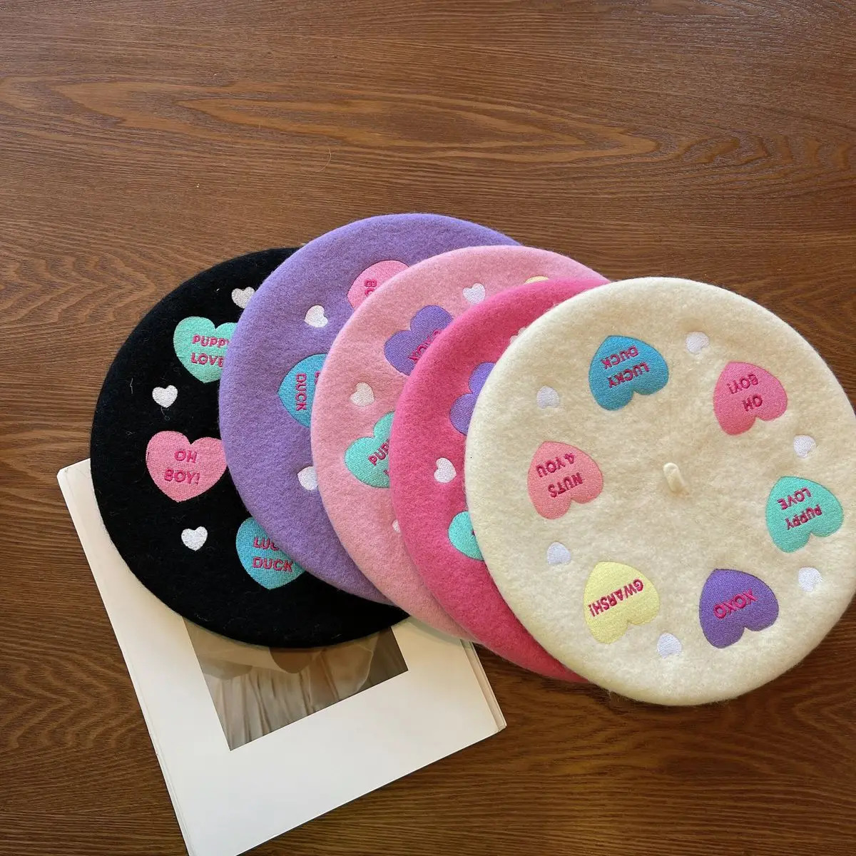 Berets Kawaii Girls Pink Beet for Women s Embroidery Purple Beanies Hat Wool Felt Mushroom Sweet Lolita Painter Cap Bonnet 231208