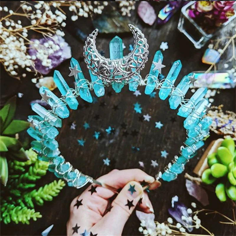 Headbands Raw Crystal Crown Headband Tiara Bride Wedding Halloween Costume Witch Cosplay for Women Girl 231207