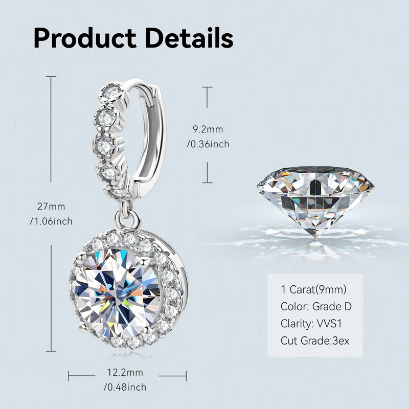Hoop Huggie Anziw Real Sparkling 3.0 Ct D Drop Hoop Earrings 100% 925 Silver Gold Plated 2.0ct Hanging Earring For Women Jewelry 231207