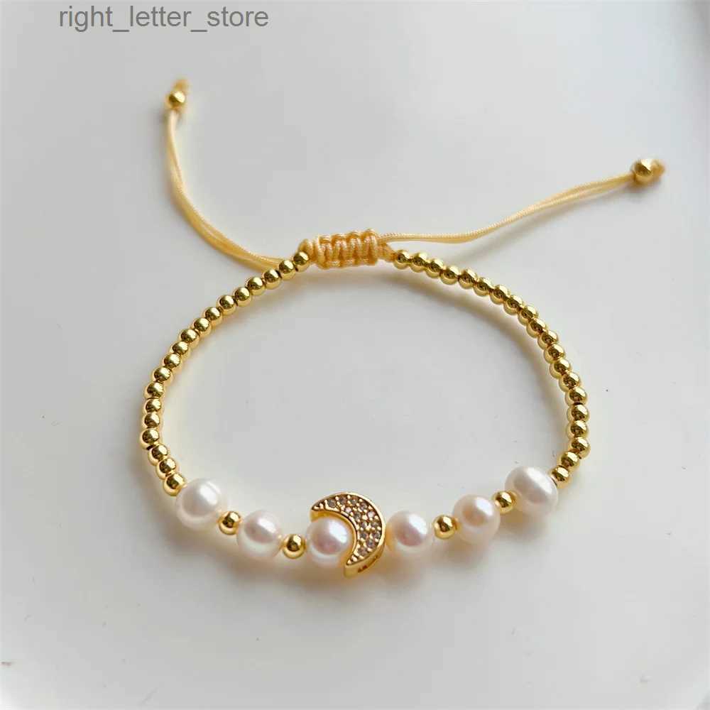 Chain 5Pcs Natural Freshwater Pearl Bracelets Jewelry Zircon Heart Moon Charm Bracelet for Women Fashion Jewelry Gold Color Beads YQ231208
