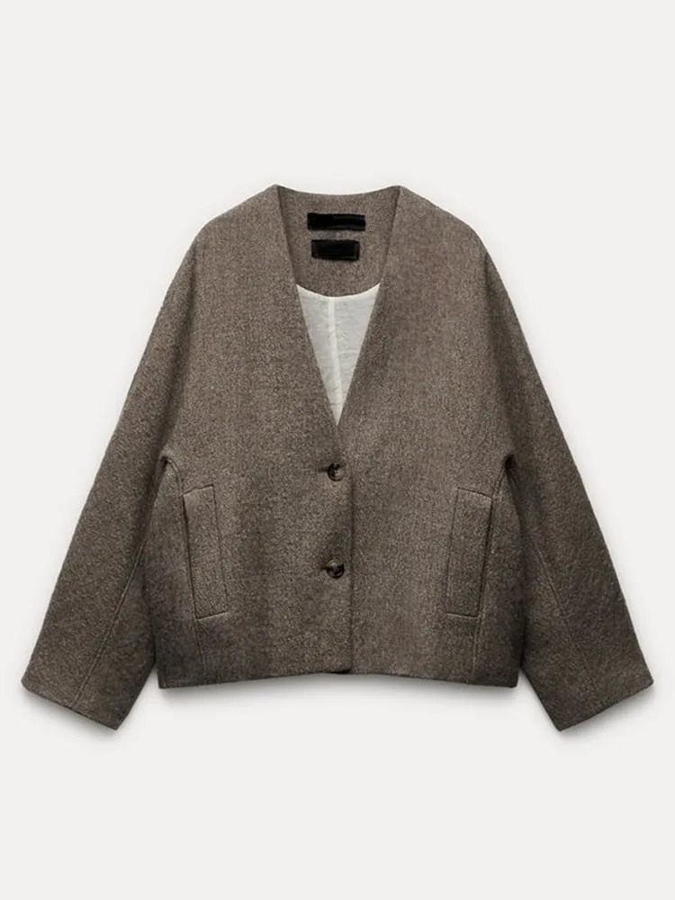 Women s Jackets Elegant Straight Cut Wool Jacket Women Fashion V Neck Single Breasted Short Coat 2023 Autumn Chic Lady Office Street Outerwear 231208