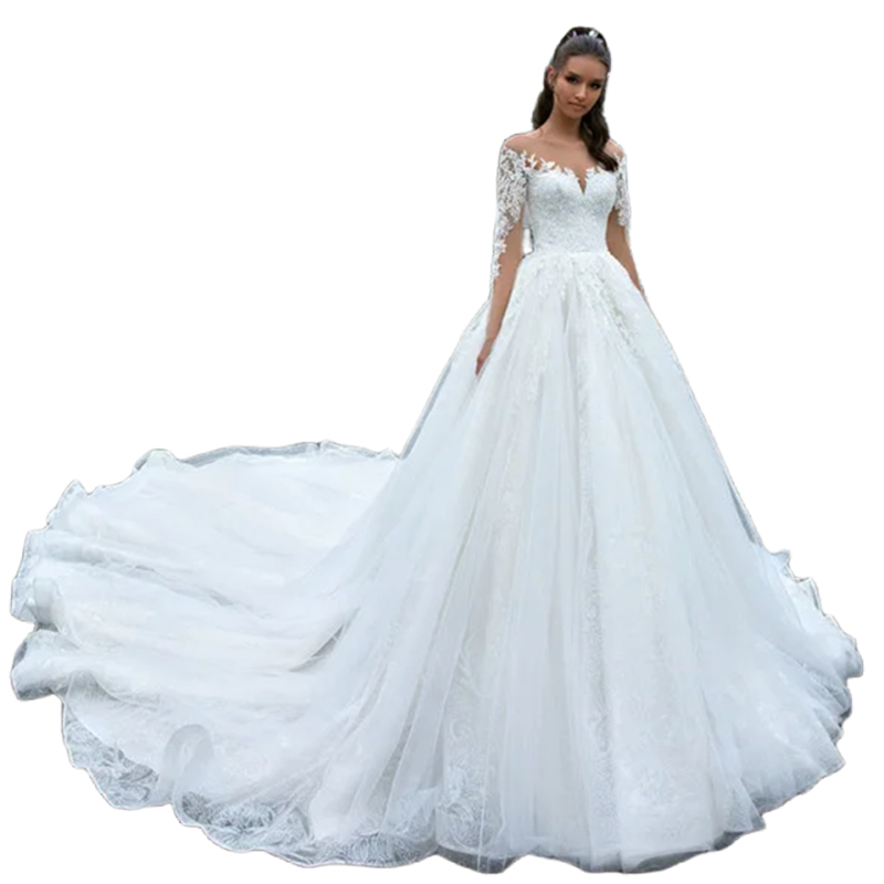Long Train A Line Beach Wedding Dresses Lace Appliques Ivory Tulle Bridal Gowns Sheer Neck Long Sleeves Luxury Bride Dress 2024 Spring Vestido De Novi