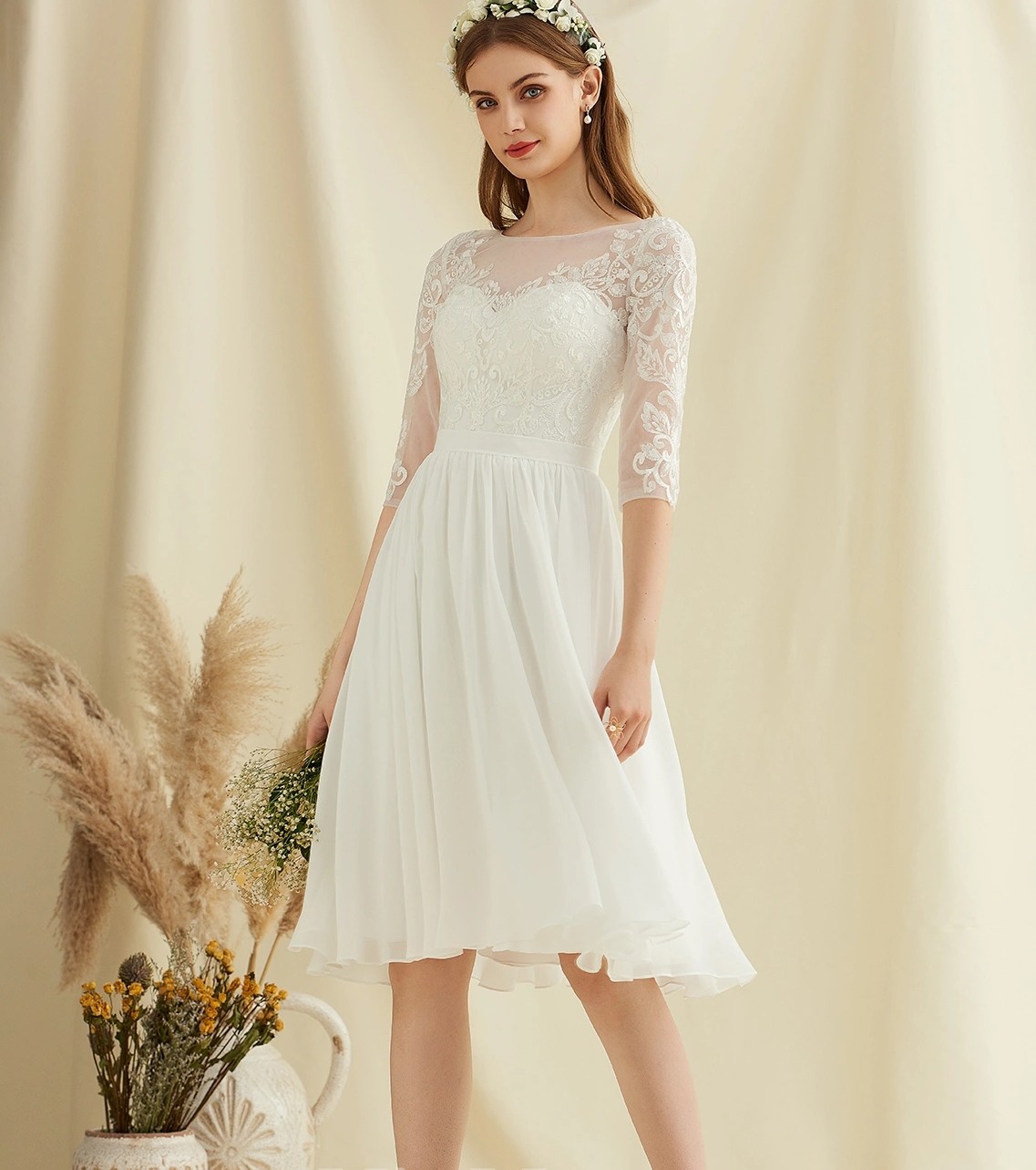 Summer Short Beach Wedding Dress 2024 A-line Scoop Knee-Length Chiffon Lace Bridal Party Gown Custom Made For Woman Vestido De Noiva