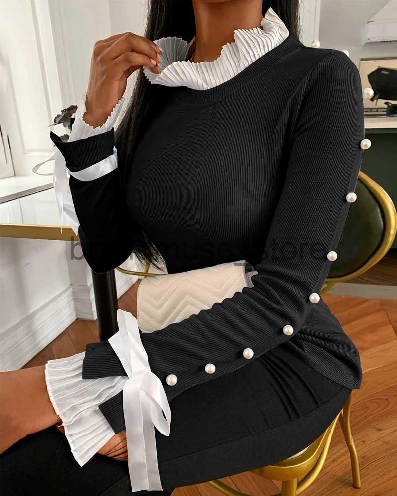 Women's Knits Tees Women Fashion Casual Bowknot Cuff Pullovers Top Autumn Fashion Sweet Style Knit Blouse Beaded Sweater J231208