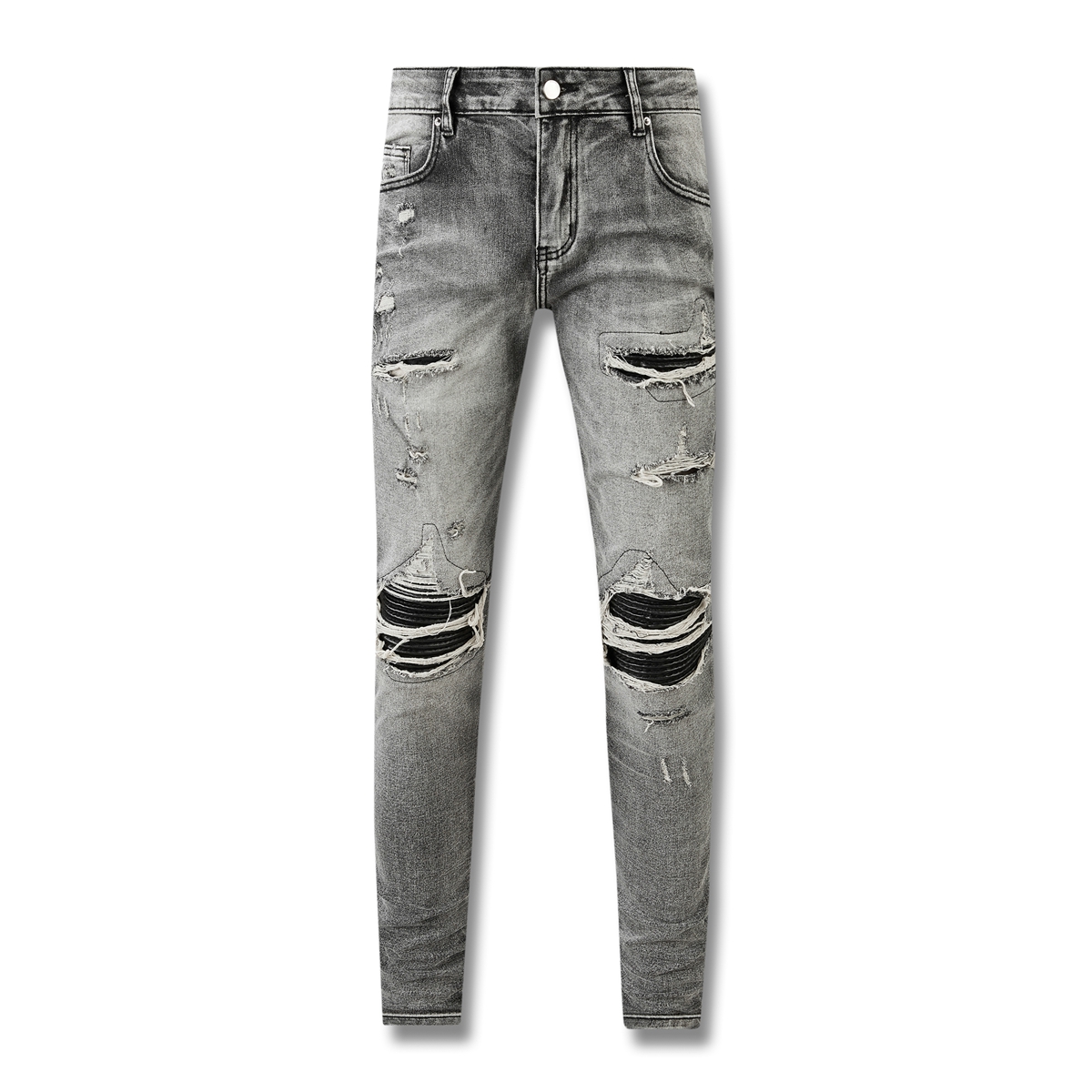 Mens Designer Distressed & Ripped Biker Style Slim Fit Straight Leg Denim Jeans - Fashionable Casual Wear Pants