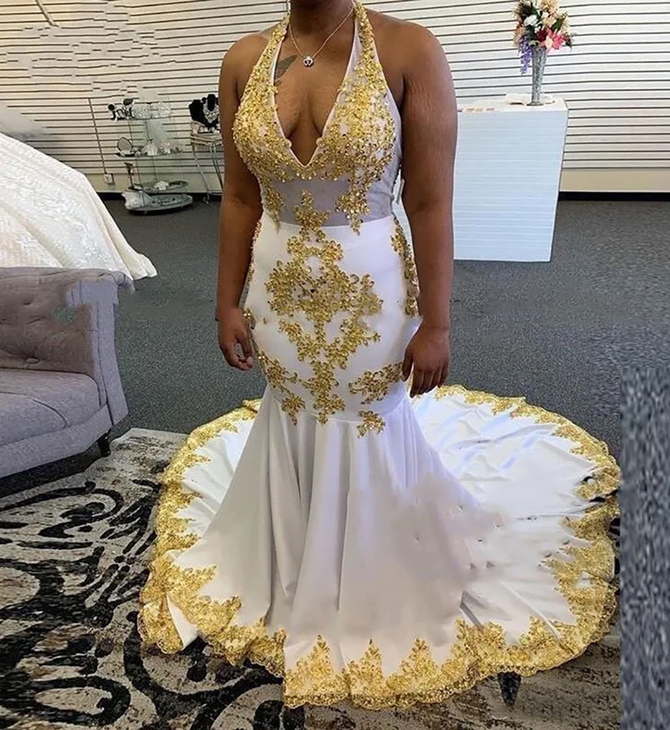 Evening Dresses White Prom Gown Party New Custom Plus Size Lace Up Zipper Sleeveless Backless Mermaid Elastic Satin Halter Gold Applique Beaded Sequin