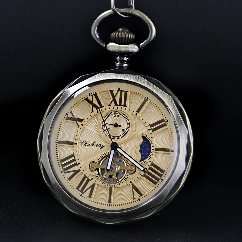 Pocket Watches Antique Moon Phase Flywheel High Quality Mechanical Pocket Watch Retro Men's Necklace Pendant Clock Women's Jewelry Gift 2312