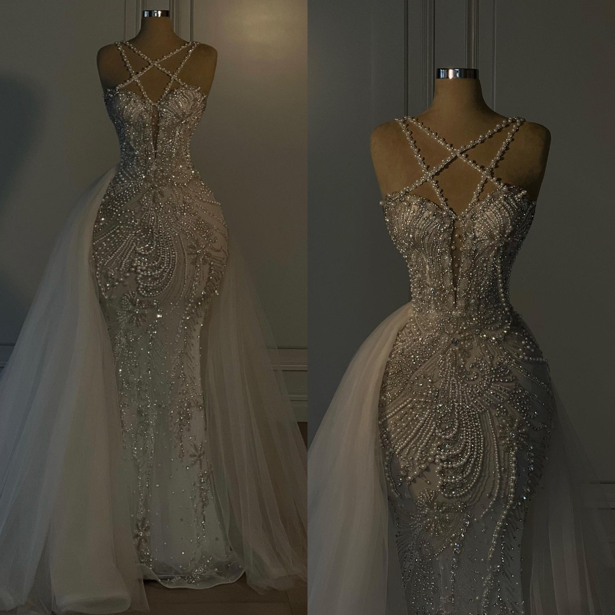 Cross Mermaid Dresses Neck Crystal Pearls Wedding Dress Sweep Train Mariee Bridal Gowns