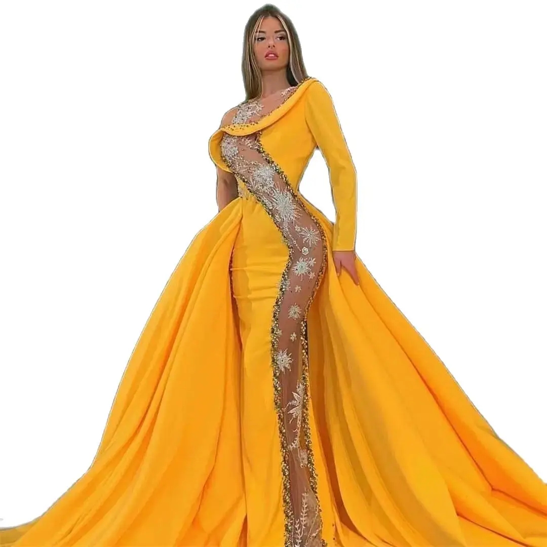Yellow Mermaid Evening Dresses Lace Sequined Transparent Long Formal Prom Gowns Overskirt Red Carpet Dress