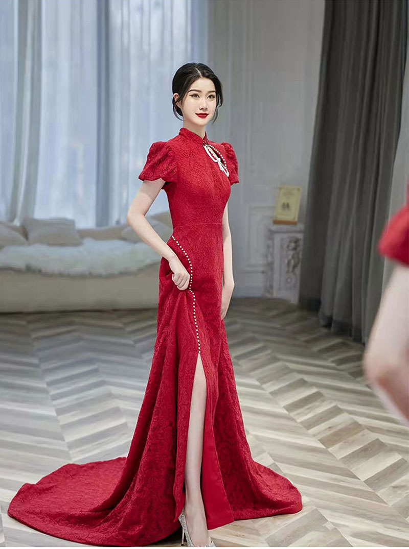 Conventional China Cheongsam Wedding Dresses High Neck backless Mermaid Bridal Gowns Sweep Train Applique Wine Red Lace Wedding Dress