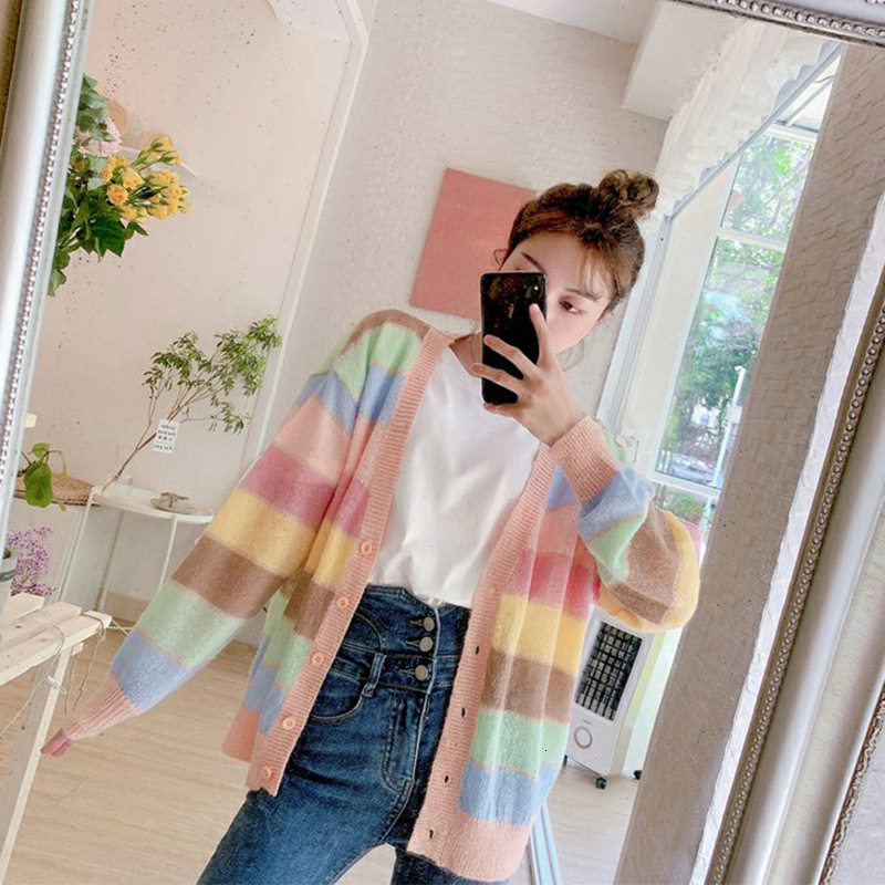 New Sweater Ins Autumn Women New Top Rainbow Stripe Age Reducing Loose Long Lazy sweater Cardigan Coat Color Contrast 201202