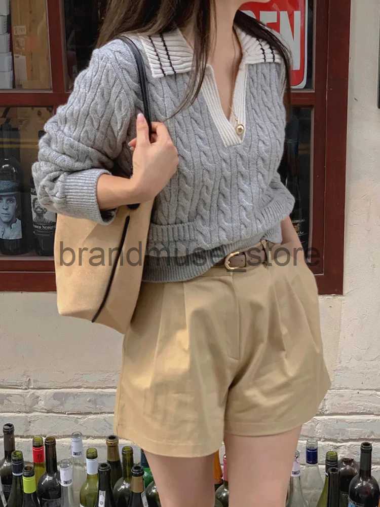 Women's Knits Tees HOUZHOU Cable Knit Sweater Women 2023 Autumn Korean Vintage Turn-down Collar Loose Long Sleeve Sweater Old Money Style Pullove
