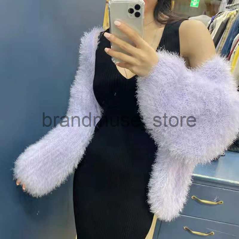 Women's Knits Tees Winter Elegant Women V-Neck Mohair Sweater Coat Mink Cashmere Knitwear Tops Soft Loose All-match Lantern Sleeve Cardigan J2312