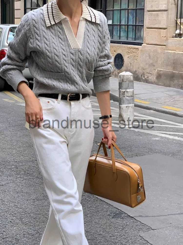 Women's Knits Tees HOUZHOU Cable Knit Sweater Women 2023 Autumn Korean Vintage Turn-down Collar Loose Long Sleeve Sweater Old Money Style Pullove