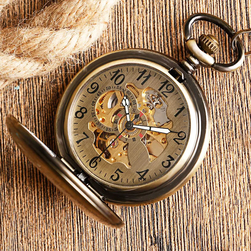 Pocket Watches Self Wind Pocket Watch Copper Fashion Bronze Pendant Smooth Retro Skeleton Unisex Automatic Mechanical Stylish Thanksgiving Gift 231207