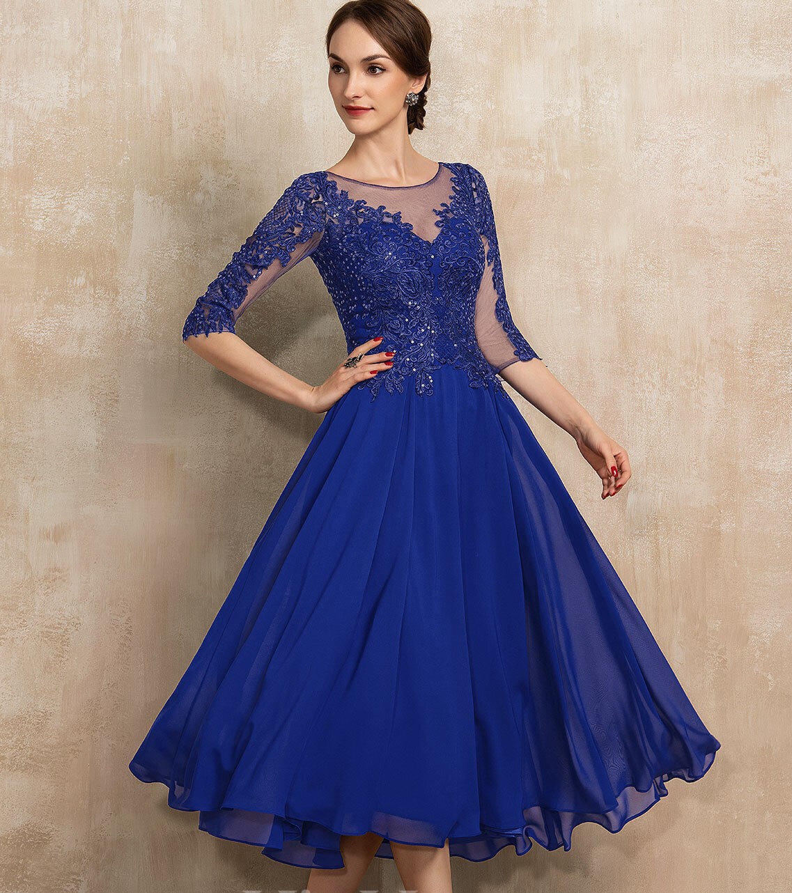 Fashion Royal Blue Homecoming Cocktail Dress Women 2024 A-line Scoop Illusion Tea-Length Chiffon Lace Sequins Birthday Party Dinner Gowns Robe De Soir