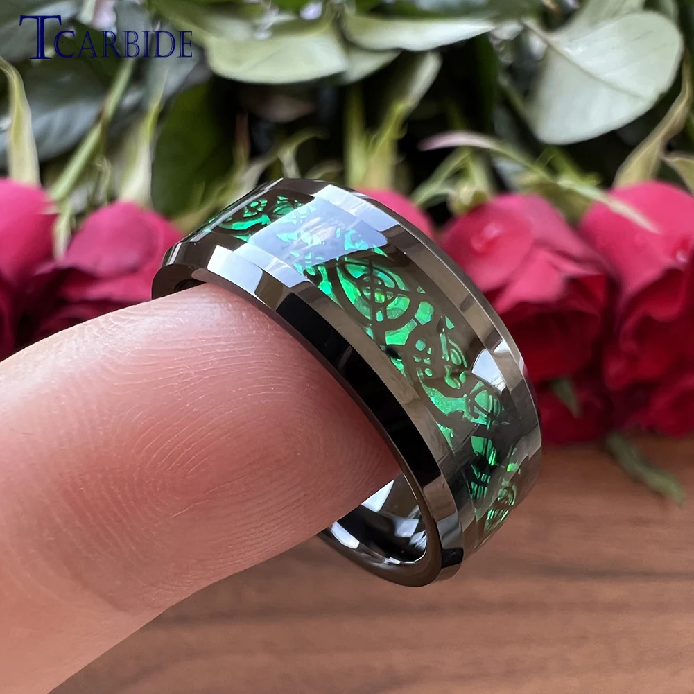 Wedding Rings 8MM Black Mens Womens Tungsten Carbide Engagement Wedding Ring With Red Opal Dragon Inlay Superior Gift Jewelry Comfort Fit 231208