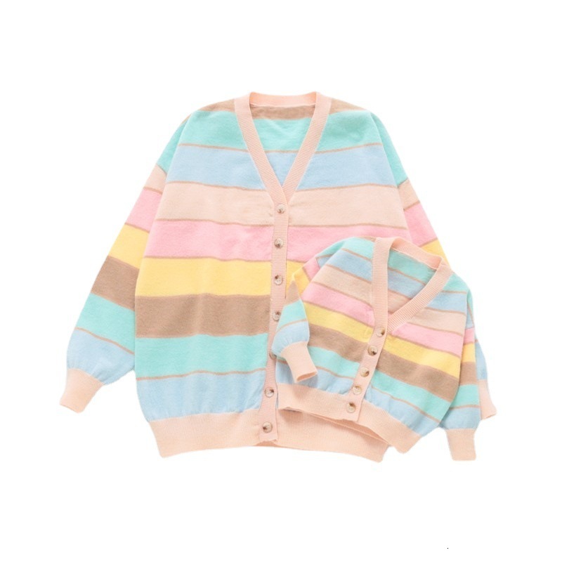 New Sweater Ins Autumn Women New Top Rainbow Stripe Age Reducing Loose Long Lazy sweater Cardigan Coat Color Contrast 201202