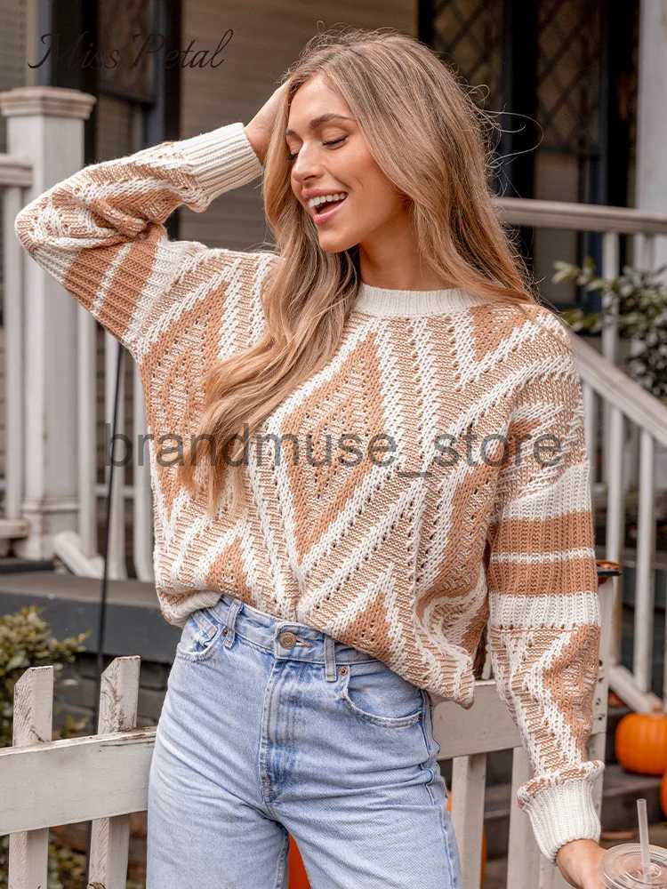 Women's Knits Tees Diamond Pattern Drop Long Sleeve Sweater For Women Casual Loose O-neck Knitted Top 2023 Autumn Winter Pullover Knitwear J23120