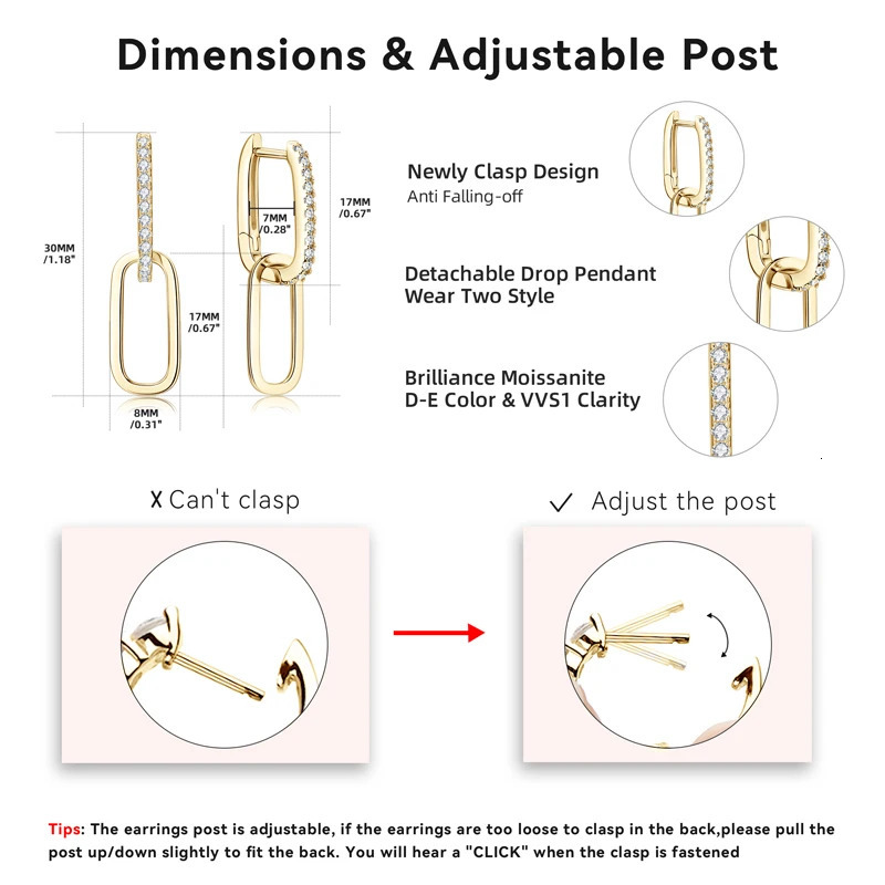 Hoop Huggie IOGOU Paperclip Link Earrings for Women Silver 925 Real 1.4mm D Color Diamond Huggie Hoop Earrings Trend Jewelry 231207