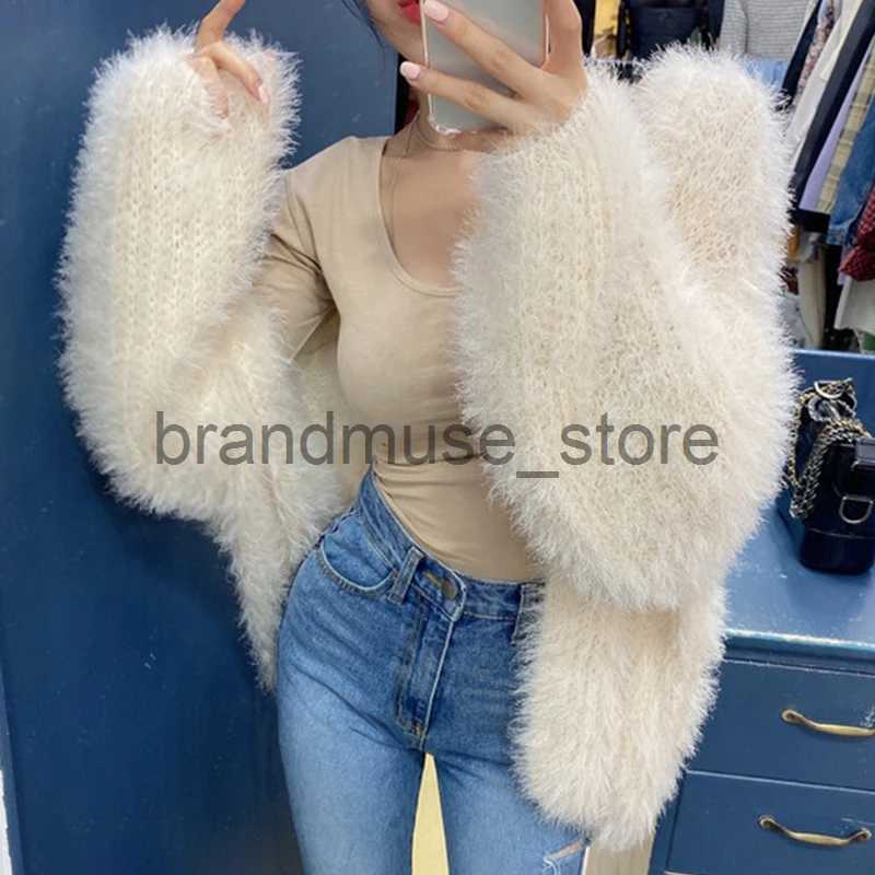 Women's Knits Tees Winter Elegant Women V-Neck Mohair Sweater Coat Mink Cashmere Knitwear Tops Soft Loose All-match Lantern Sleeve Cardigan J2312