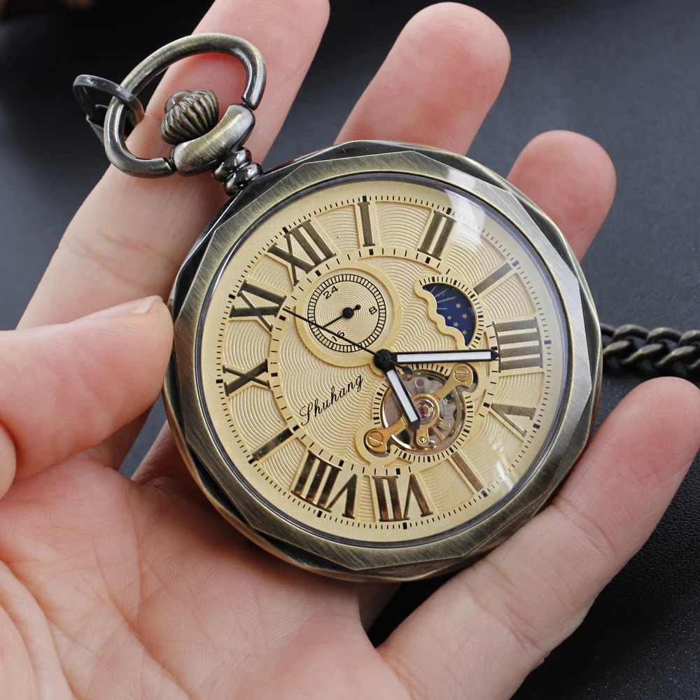 Pocket Watches Antique Moon Phase Flywheel High Quality Mechanical Pocket Watch Retro Men's Necklace Pendant Clock Women's Jewelry Gift 2312