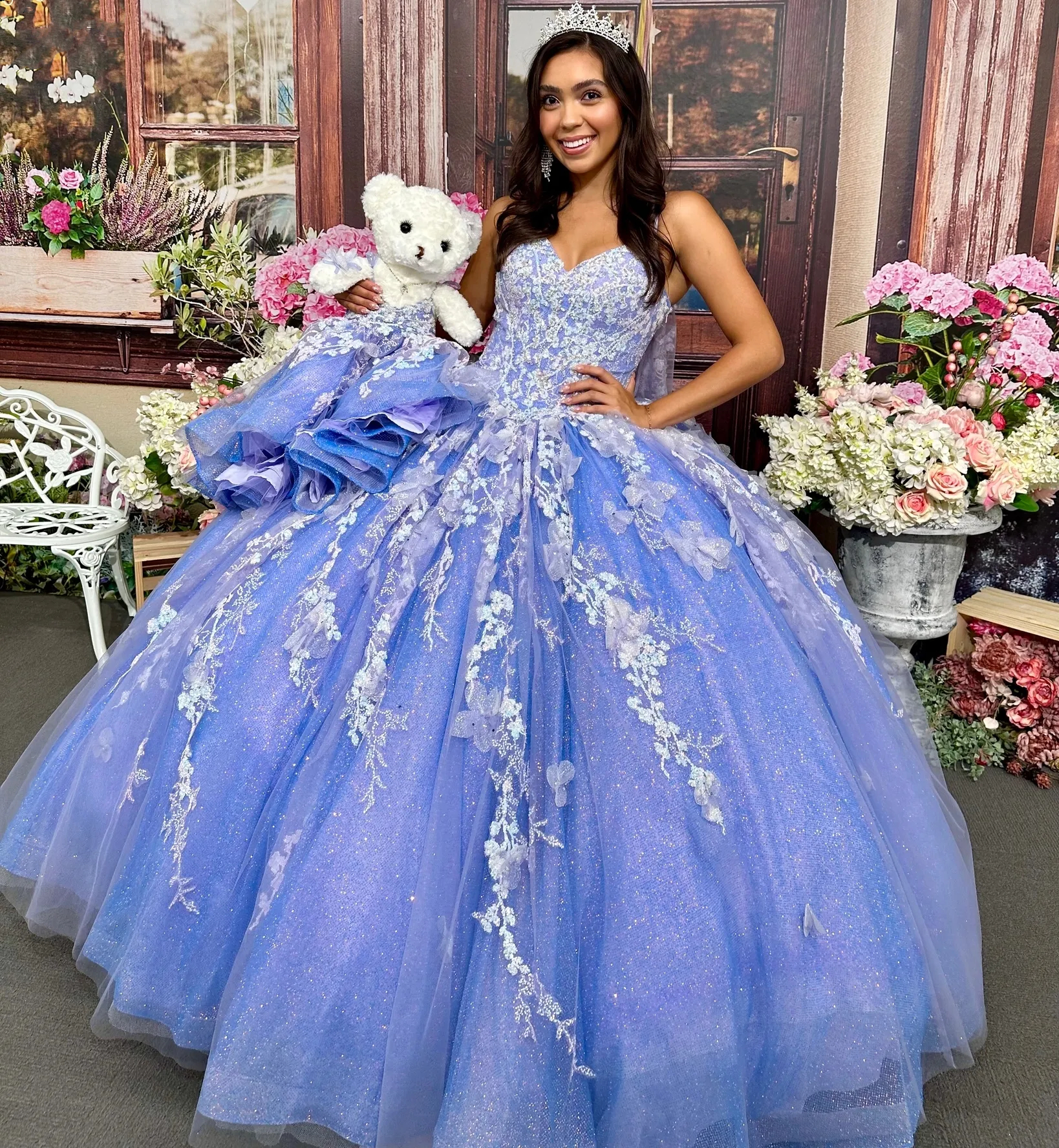 3D ral Appliqued Quinceanera Dresses or Length Glitter Sequined Tulle Long Prom Sweet 16 Dress Lavender Princess Brithday Gowns