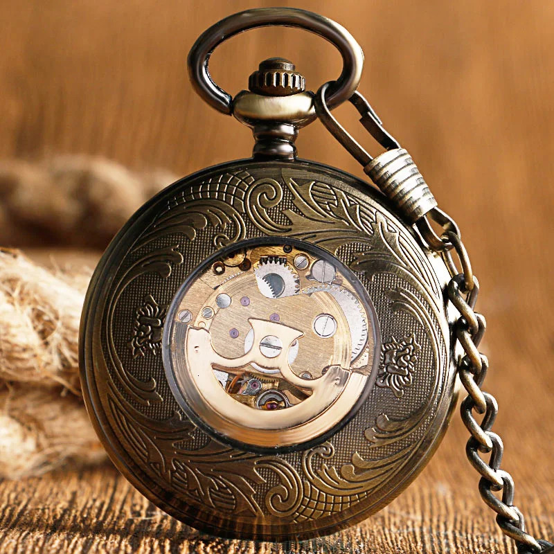 Pocket Watches Self Wind Pocket Watch Copper Fashion Bronze Pendant Smooth Retro Skeleton Unisex Automatic Mechanical Stylish Thanksgiving Gift 231207
