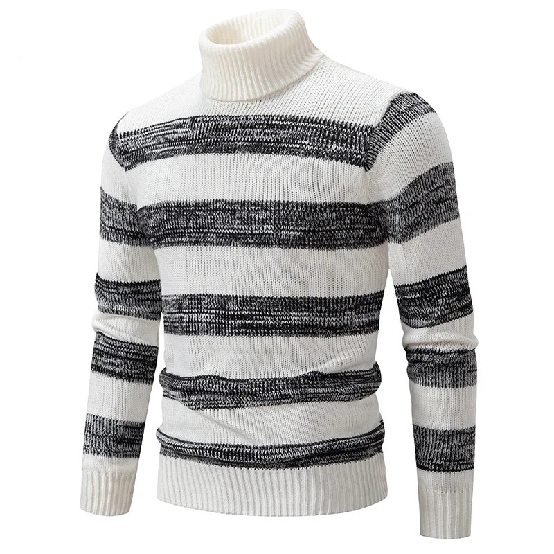 Men s Sweaters Autumn and Winter Sweater Korean Pullover of Black White Stripes Stitching High necked Slim Undershirt 231208