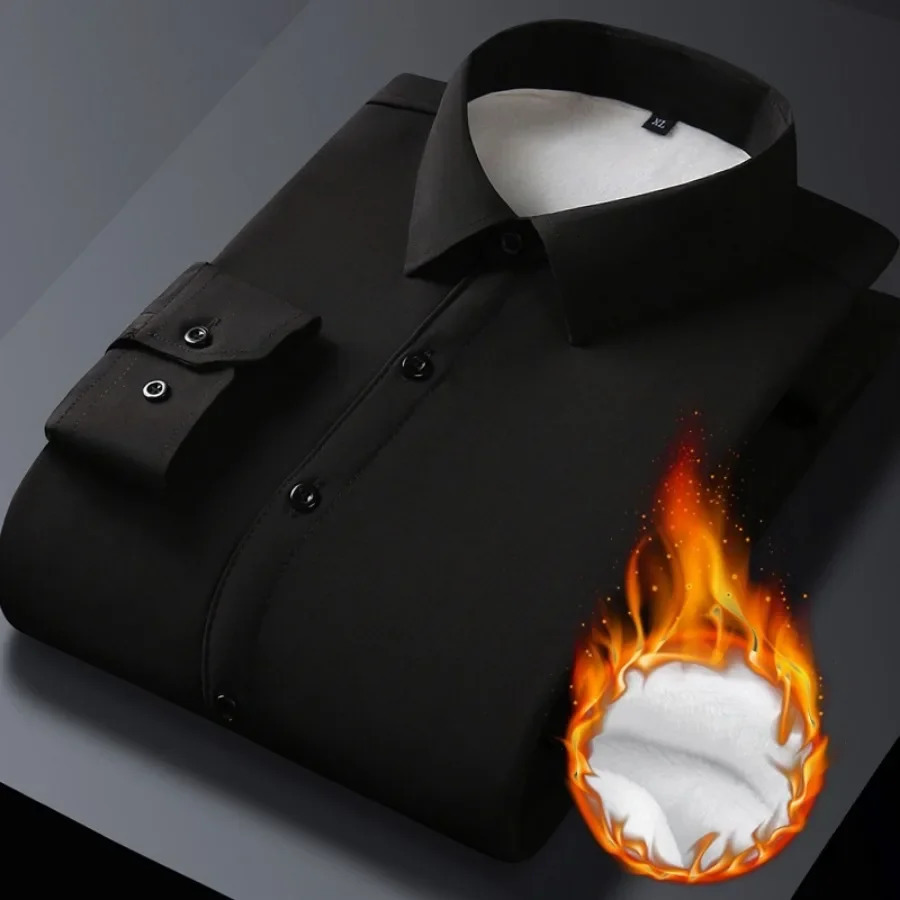 Men s Casual Shirts 2024 Autumn Winter Long Sleeve White Warm Fleece Stretch Shirt Formal Business Office Wear Dress Male M 5XL 231208