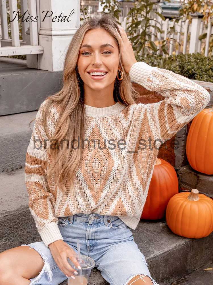 Women's Knits Tees Diamond Pattern Drop Long Sleeve Sweater For Women Casual Loose O-neck Knitted Top 2023 Autumn Winter Pullover Knitwear J23120