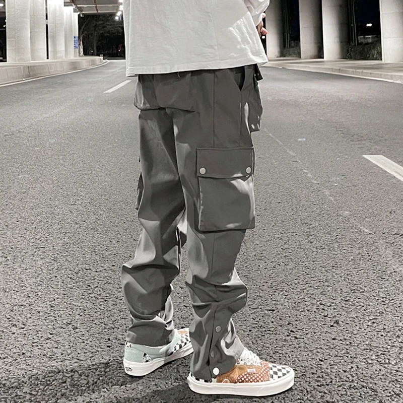Men s Pants High Street Multi pocket Casual Trousers for Men and Women Side Breasted Drawstring Cargo Harajuku Solid Loose 231208