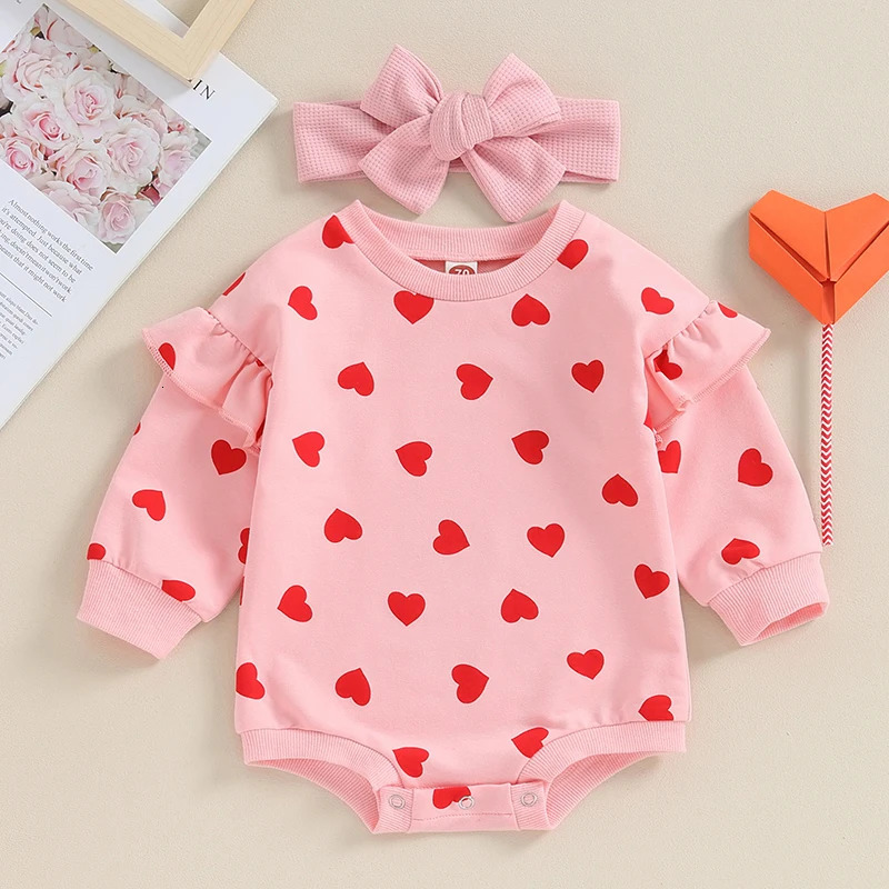 Rompers Valentine s Day Baby Clothes Kids Girls Bodysuit Outfits Cute Heart Print Ruffle Long Sleeve Romper with Headband Infant 231207