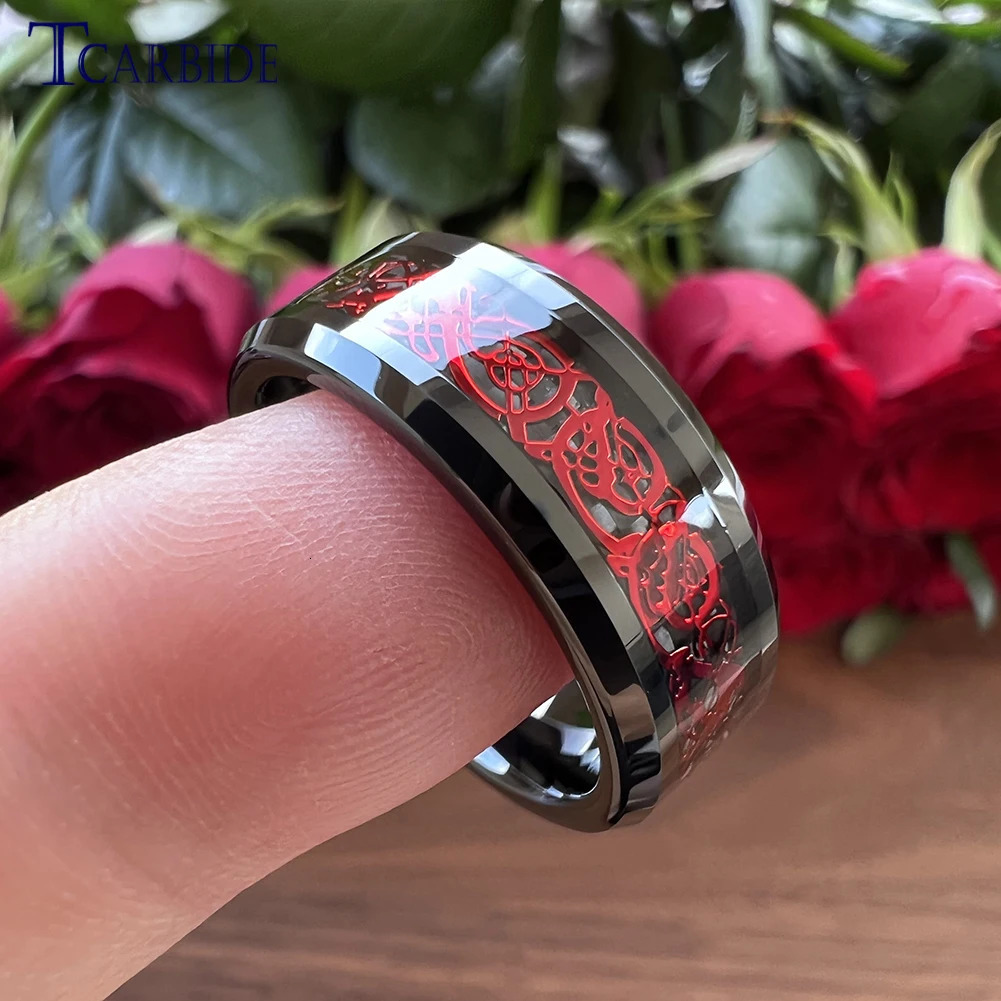 Wedding Rings 8MM Black Mens Womens Tungsten Carbide Engagement Wedding Ring With Red Opal Dragon Inlay Superior Gift Jewelry Comfort Fit 231208