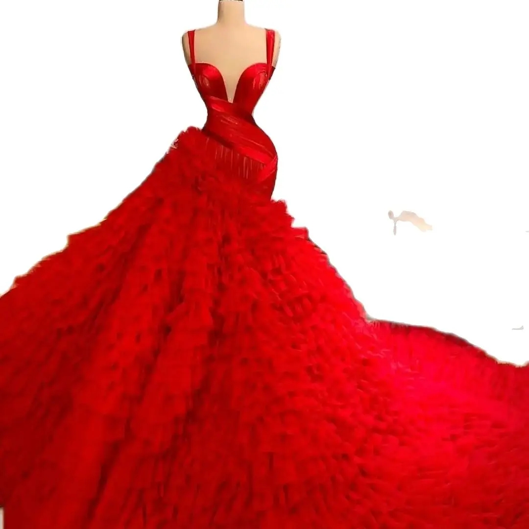 Luxury Red Mermaid Evening Dresses Tiered Ruffles Spaghetti Straps Prom Gowns Women Red Carpet Celebrity Dress
