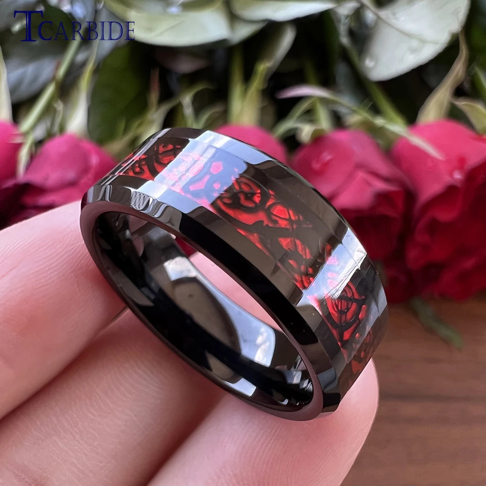 Wedding Rings 8MM Black Mens Womens Tungsten Carbide Engagement Wedding Ring With Red Opal Dragon Inlay Superior Gift Jewelry Comfort Fit 231208