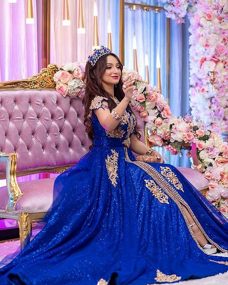 Glitter Algerian Kaftan Evening Dresses Royal Blue Sequined A Line Long Formal Occasion Dress Front Split V-Neck Modern Arabic Dubai Prom Gown For Wom