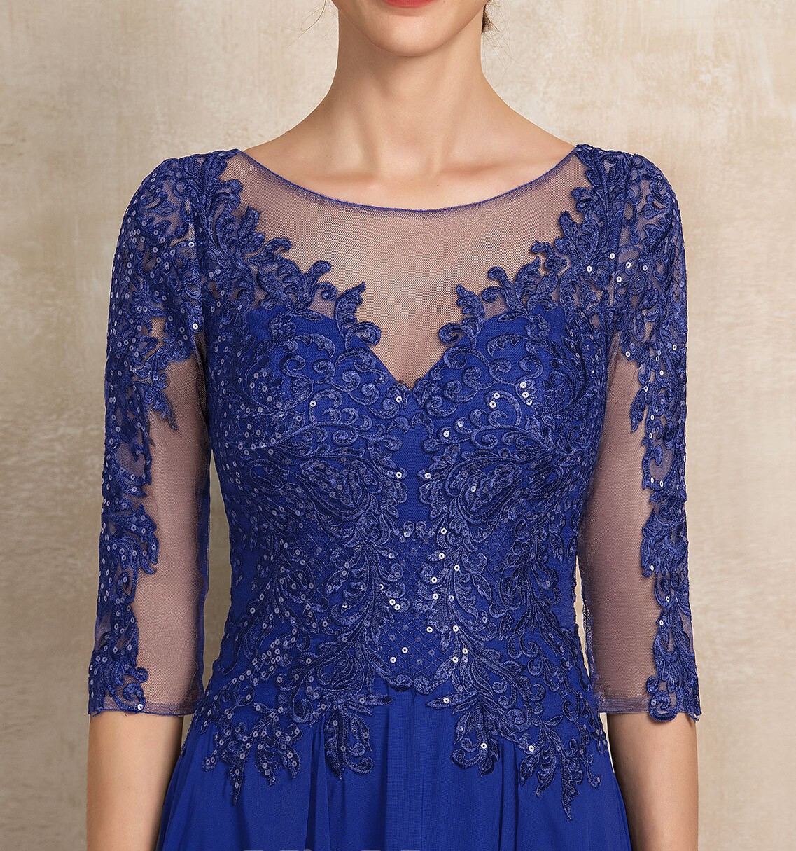 Fashion Royal Blue Homecoming Cocktail Dress Women 2024 A-line Scoop Illusion Tea-Length Chiffon Lace Sequins Birthday Party Dinner Gowns Robe De Soir