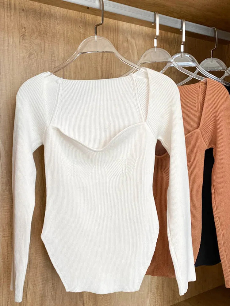 Women's Knits Tees Square Collar Long Sleeve Woman Sweaters Knitted Pullover Women Spring Autumn Sweater Winter Tops For Women Black White Jumper