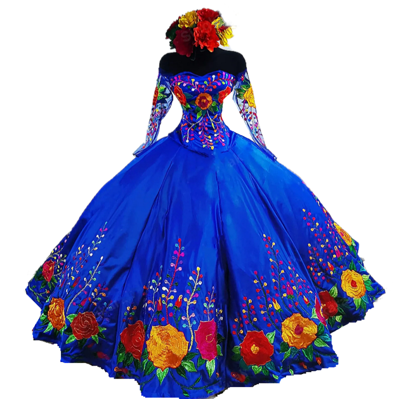 Vintage Royal Blue Mexican Quinceanera Dresses Charro Flower Embroidered Satin Off The Shoulder Sweetheart Ball Gown Luxury Sweet 16 Dress Illusion Lo