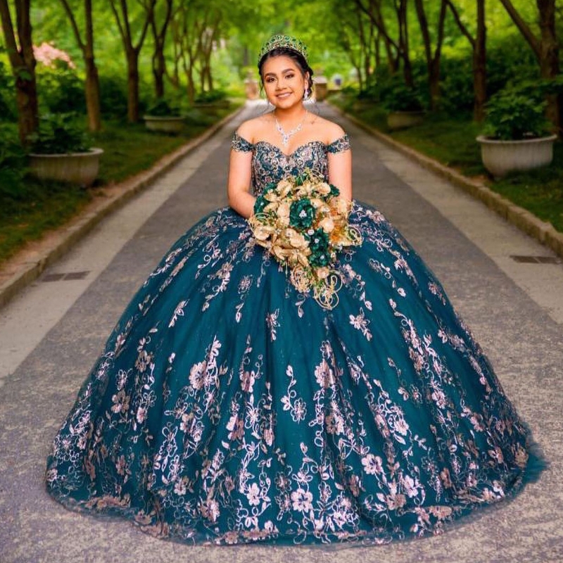 Blackish Green Ball Gown Off the Shoulder Quinceanera Dresses Lace Appliques Corset Back Vestidos De 15 Anos Formal Birthday