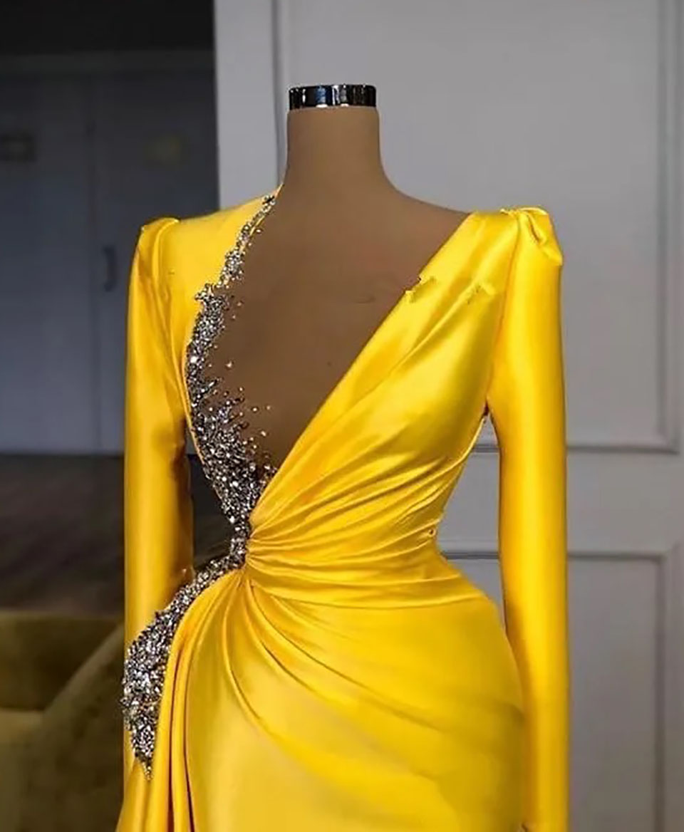 Evening Dresses Yellow Prom Gown Party New Custom Plus Size Lace Up Zipper Beaded Sequins A Line O-Neck Long Sleeve Satin Thigh-High Slits