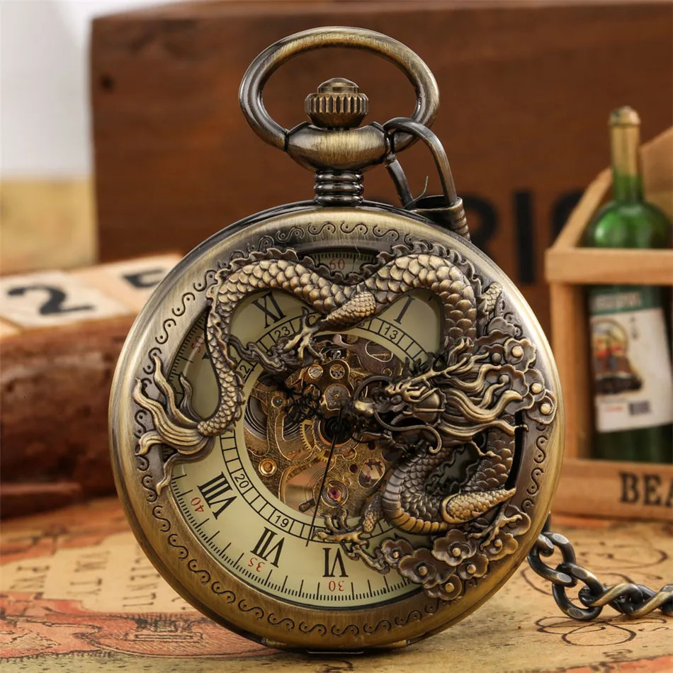 Pocket Watches Bronze Hollow Dragon Display Half Hunter Mechanical Pocket Watch Cool Antique Pendant Manual Mechanism Pocket Clock Gift Male 231207
