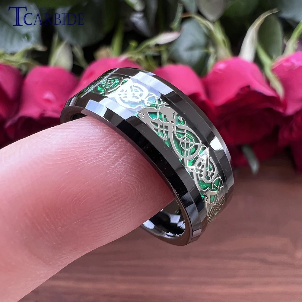 Wedding Rings 8MM Black Mens Womens Tungsten Carbide Engagement Wedding Ring With Red Opal Dragon Inlay Superior Gift Jewelry Comfort Fit 231208
