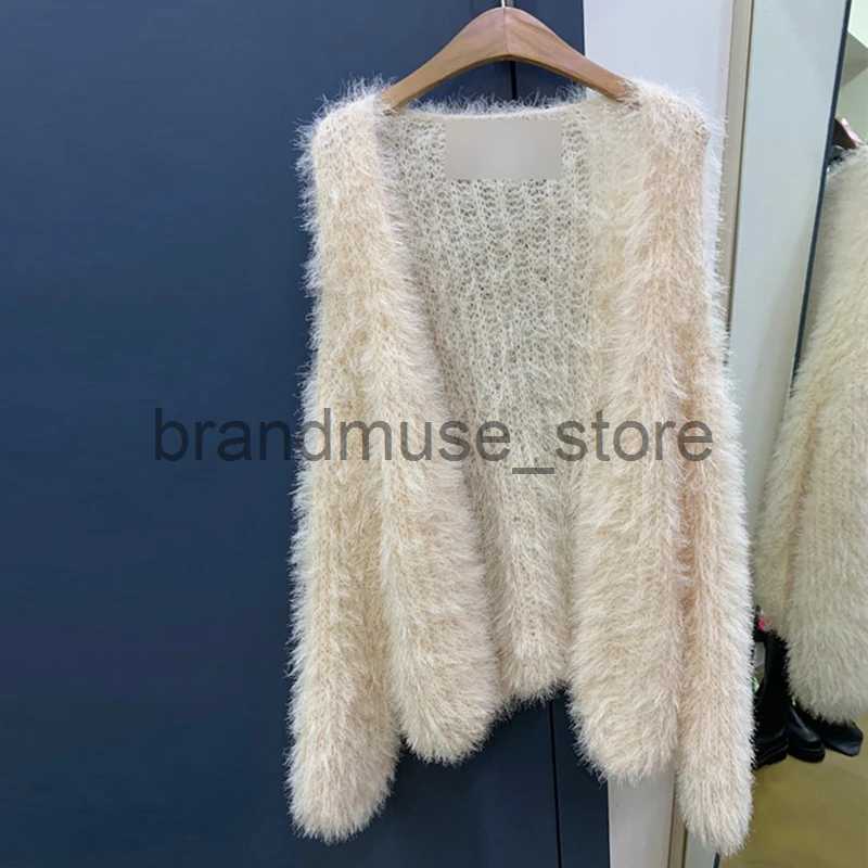 Women's Knits Tees Winter Elegant Women V-Neck Mohair Sweater Coat Mink Cashmere Knitwear Tops Soft Loose All-match Lantern Sleeve Cardigan J2312